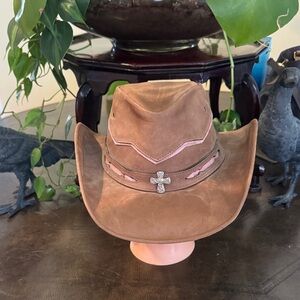 Bullhide brown and pink with a silver cross leather cowgirl hat